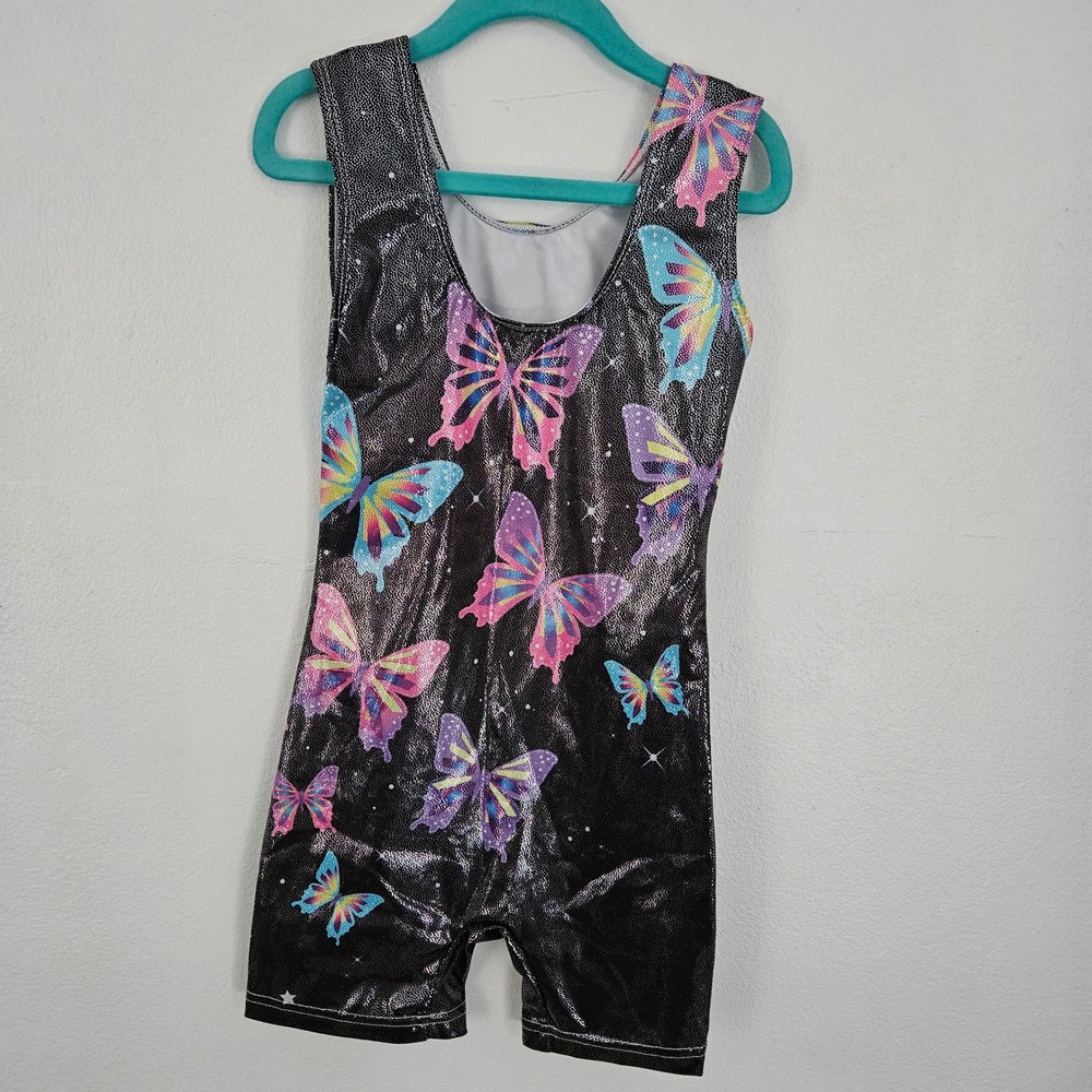 Girls Butterfly Gymnastics Biketard Set 3pc Metallic Dance Leotard Size 7 - Picture 3 of 11